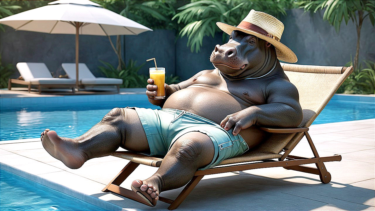 Cartoon Hippo Relaxing by Pool in Tropical Setting