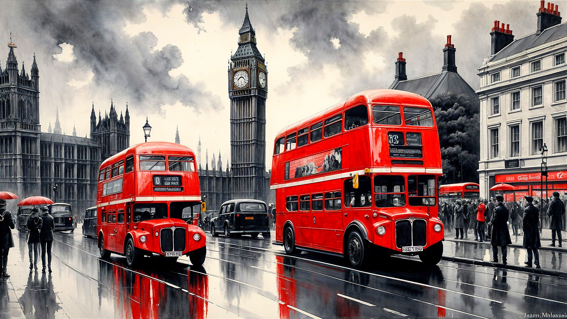 Red Buses and Big Ben on a Rainy London Street