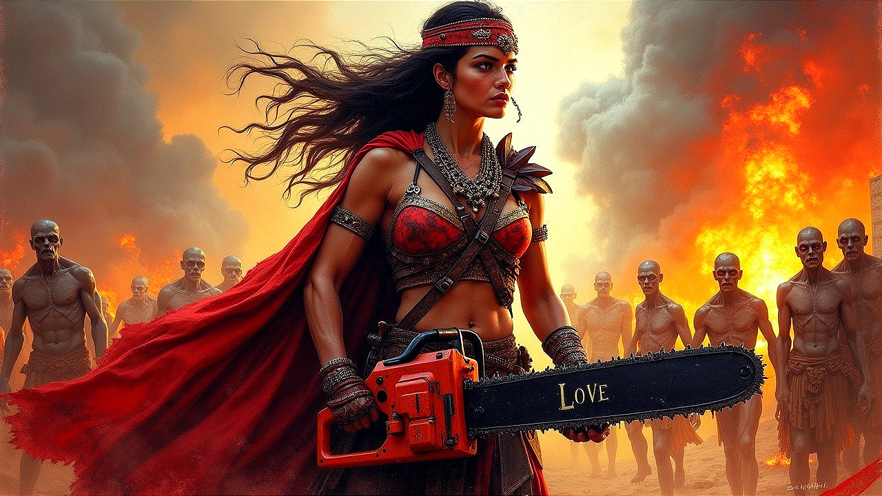 Warrior with Chainsaw and Shadowy Figures in Flames
