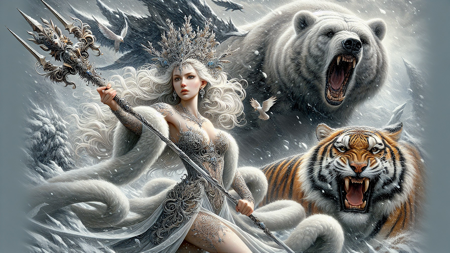 Majestic Woman with Silver Hair in Snowy Landscape