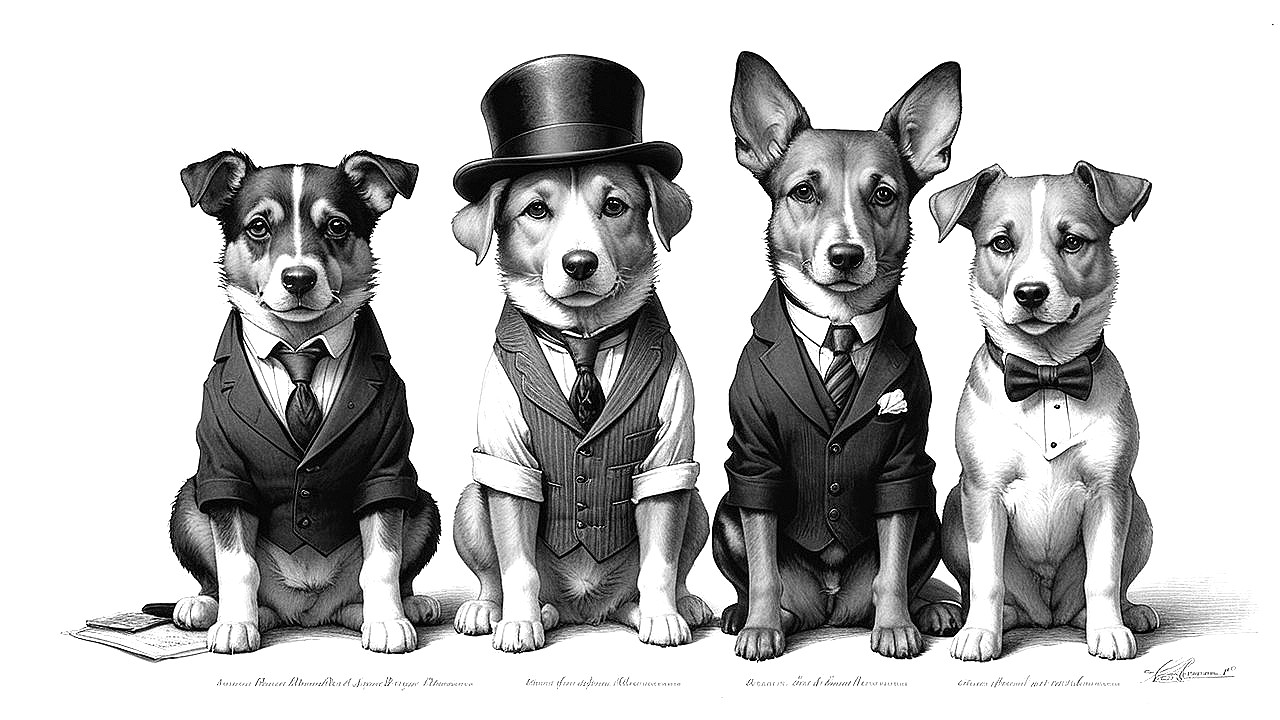 Whimsical Illustration of Dogs in Stylish Attire
