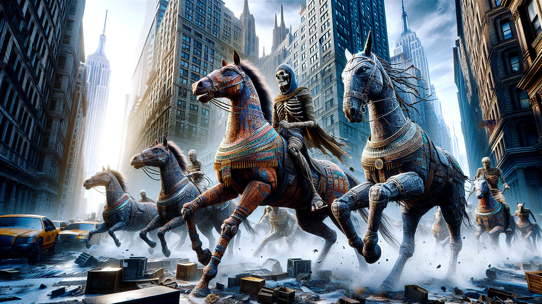 Surreal Urban Landscape with Horses and Skeletal Figures