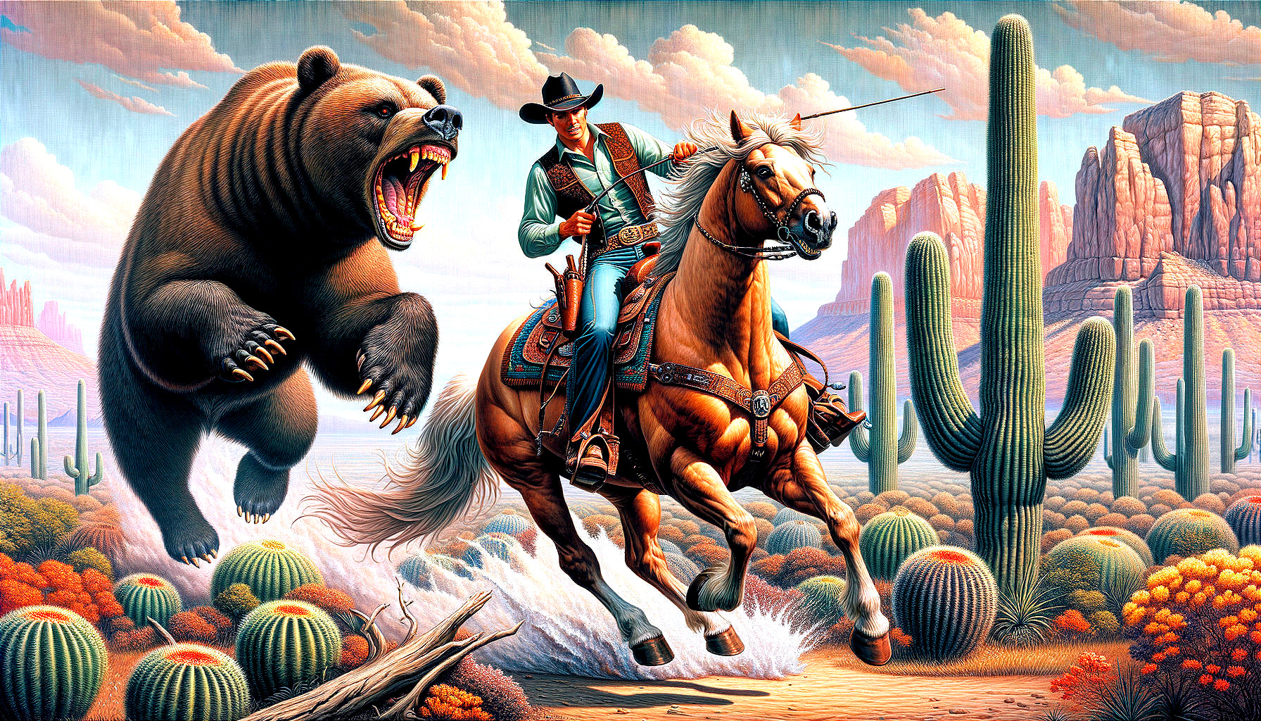 Cowboy on Horse Faces Charging Bear in Desert Scene