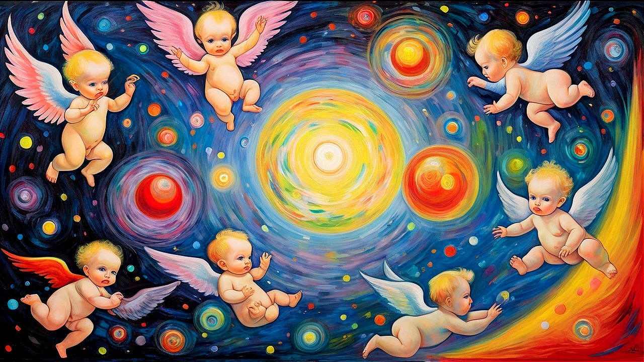 Whimsical Cosmic Scene with Colorful Cherubic Angels