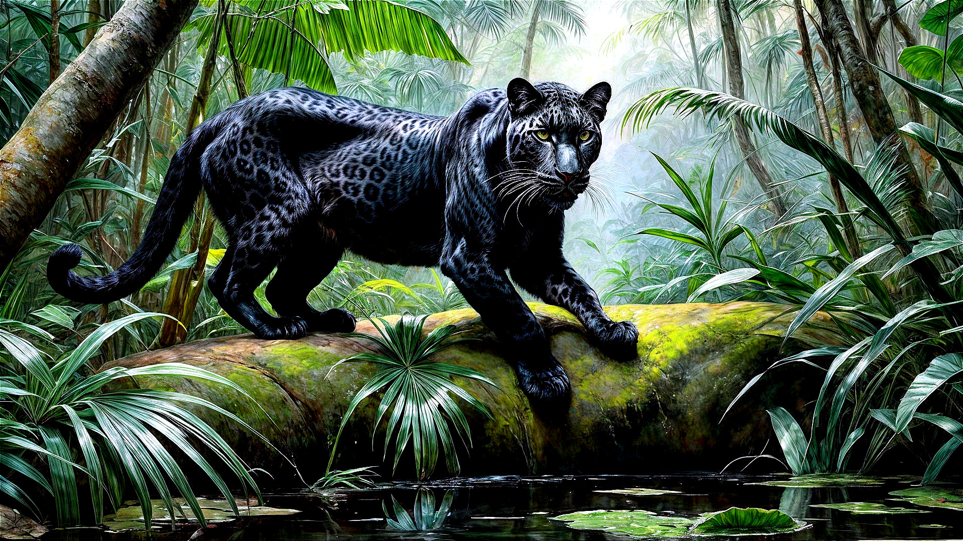 Black Panther in Lush Jungle Environment with Foliage