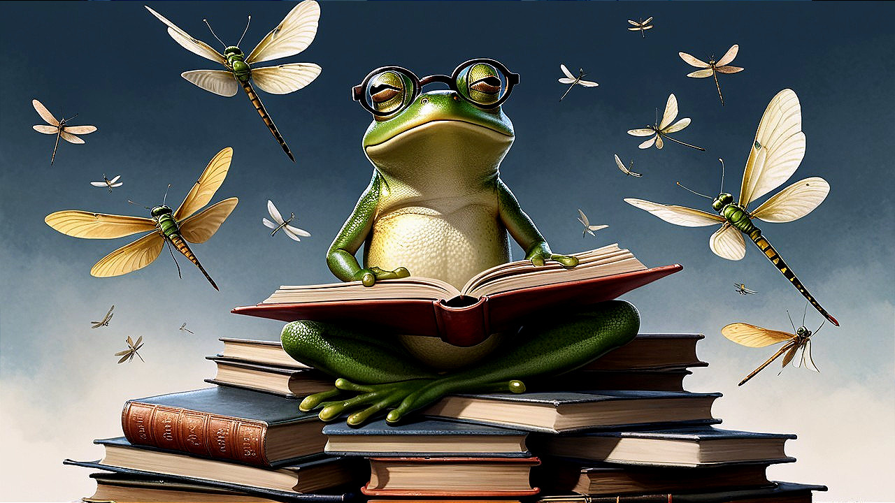 Frog in Glasses Reading on Books with Dragonflies