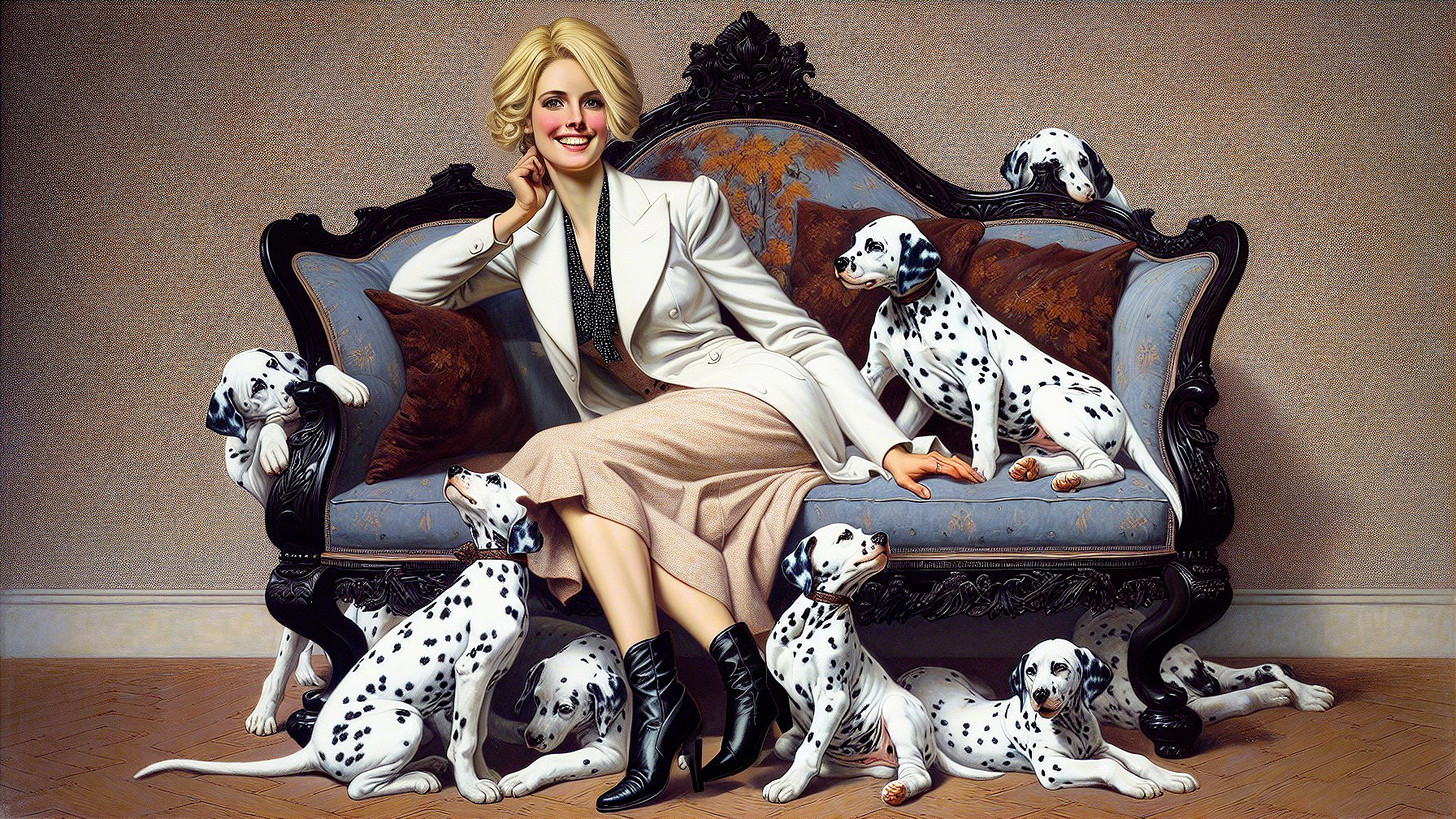 Glamorous Woman with Dalmatians in Elegant Setting