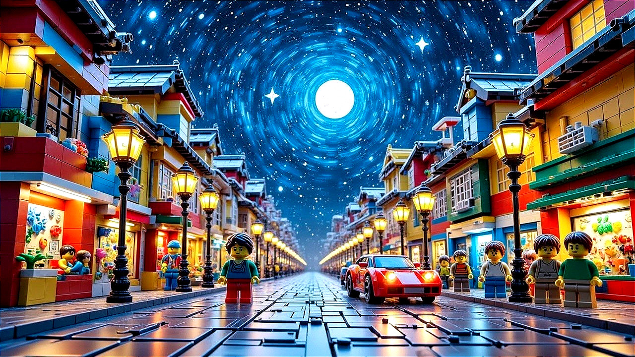 Vibrant LEGO street scene with colorful buildings and figures