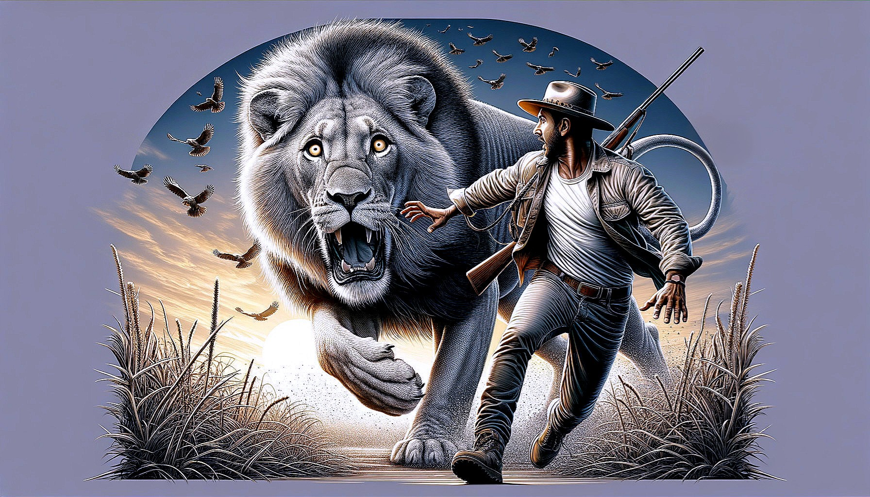 Adventurer and Lion in Twilight Chase Scene