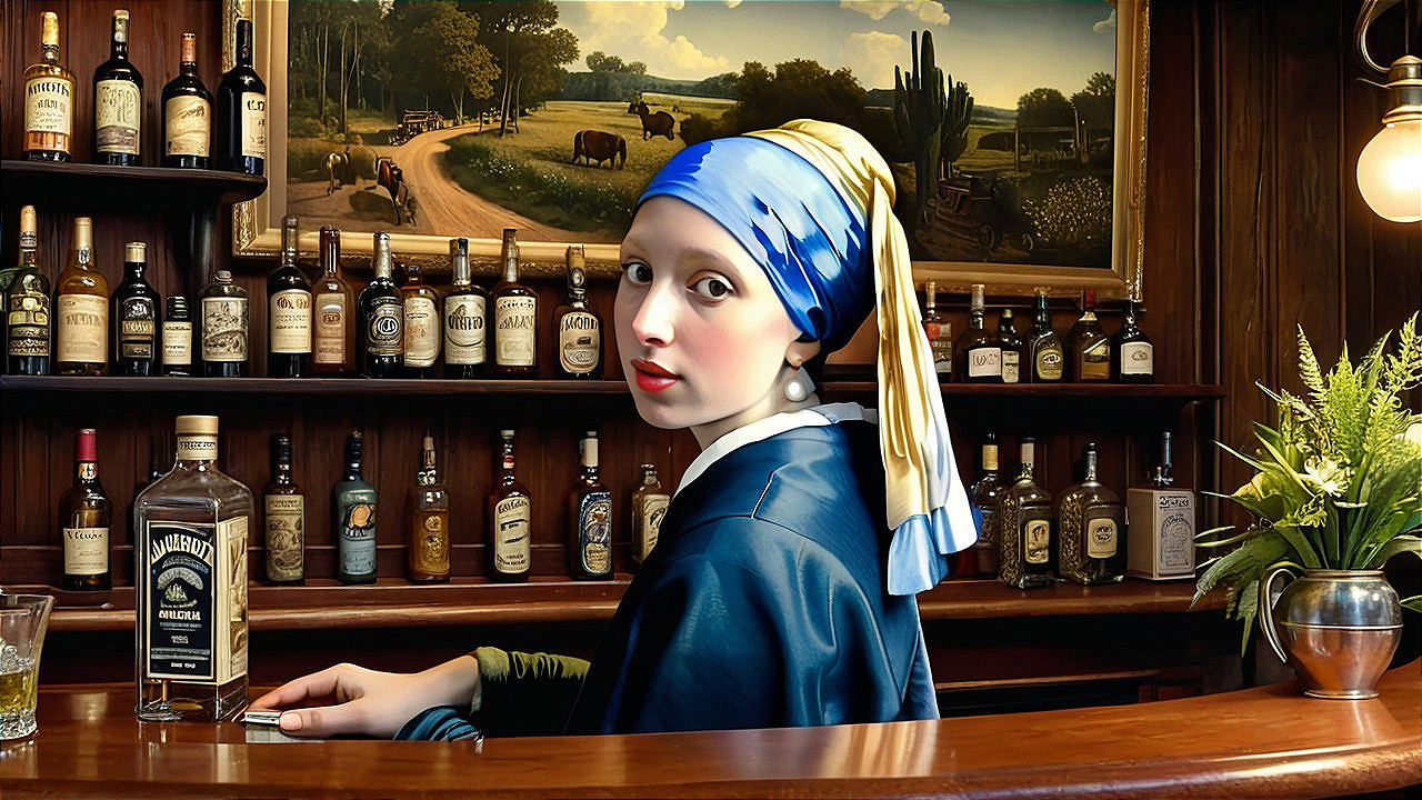 Modern Scene with Woman in Blue and Gold Headscarf