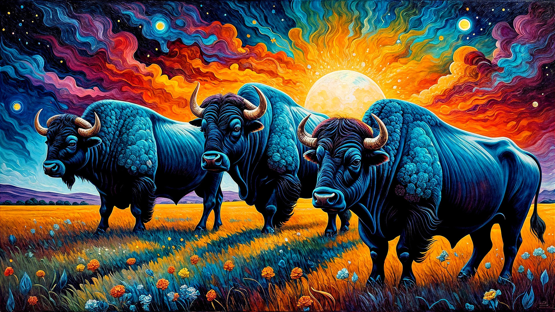 Stylized Blue Bison in Colorful Landscape Scene