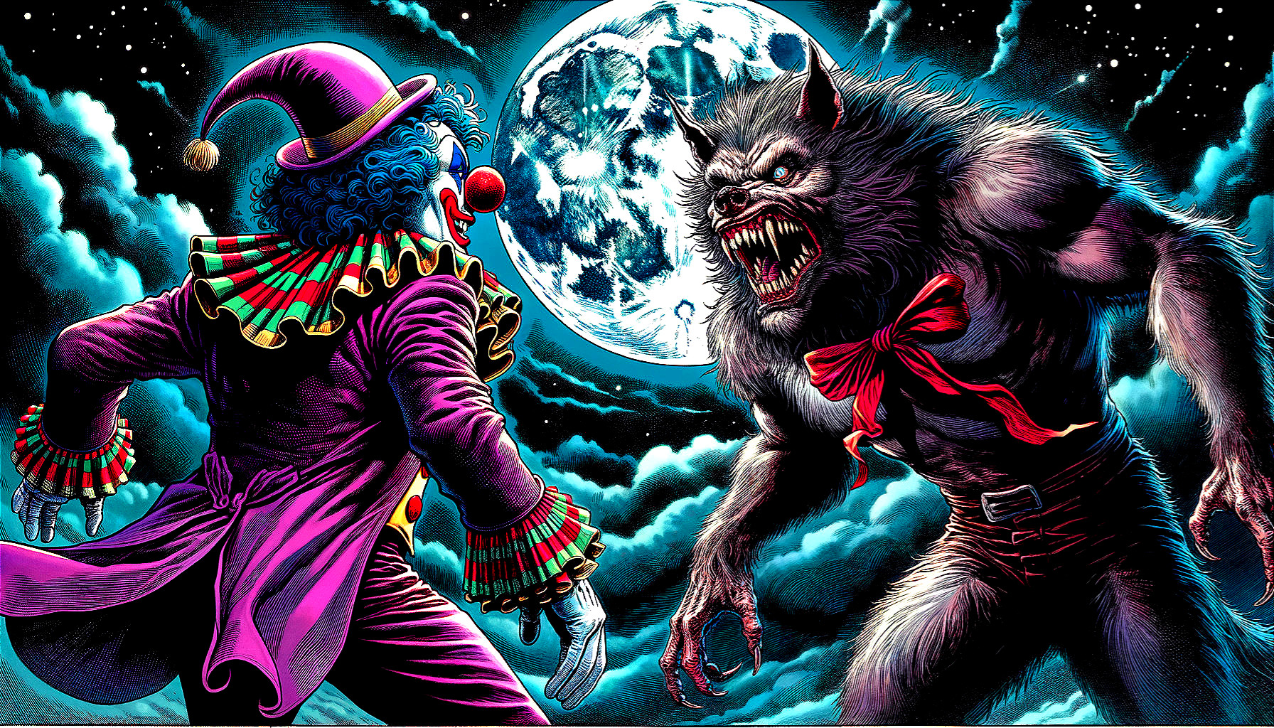 Clown and Werewolf Encounter Under Full Moon Light