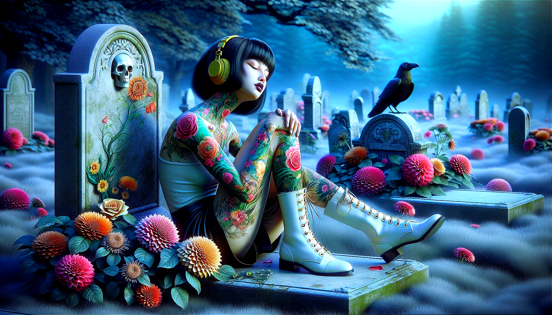 Ethereal Scene in a Misty Graveyard with Tattoos