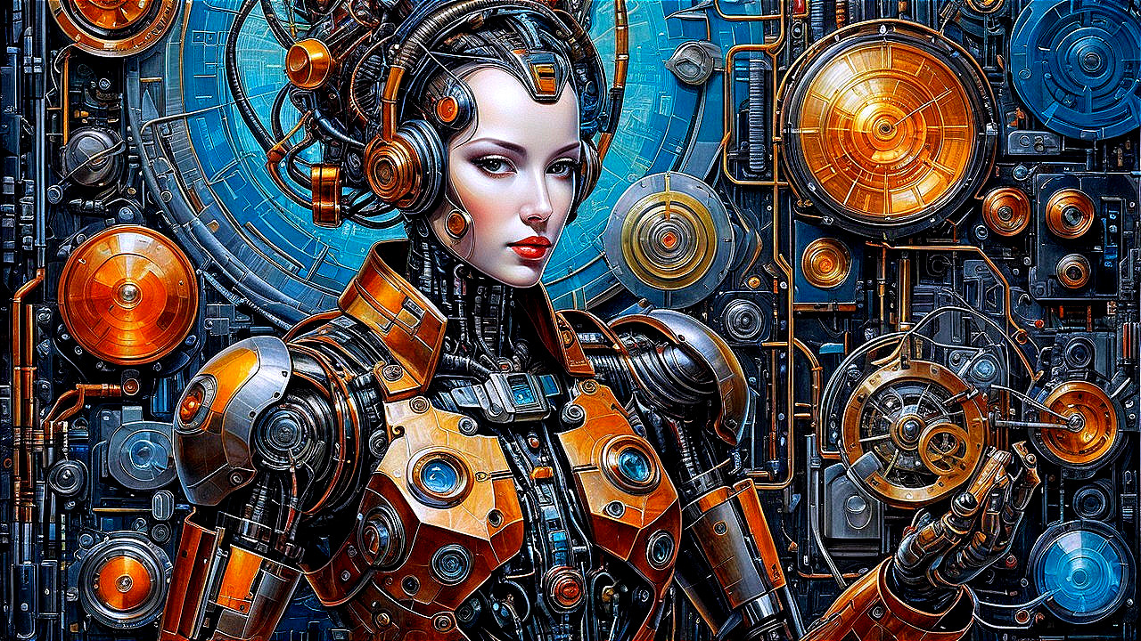 Futuristic Female Figure with Robotic Features and Steampunk Aesthetic