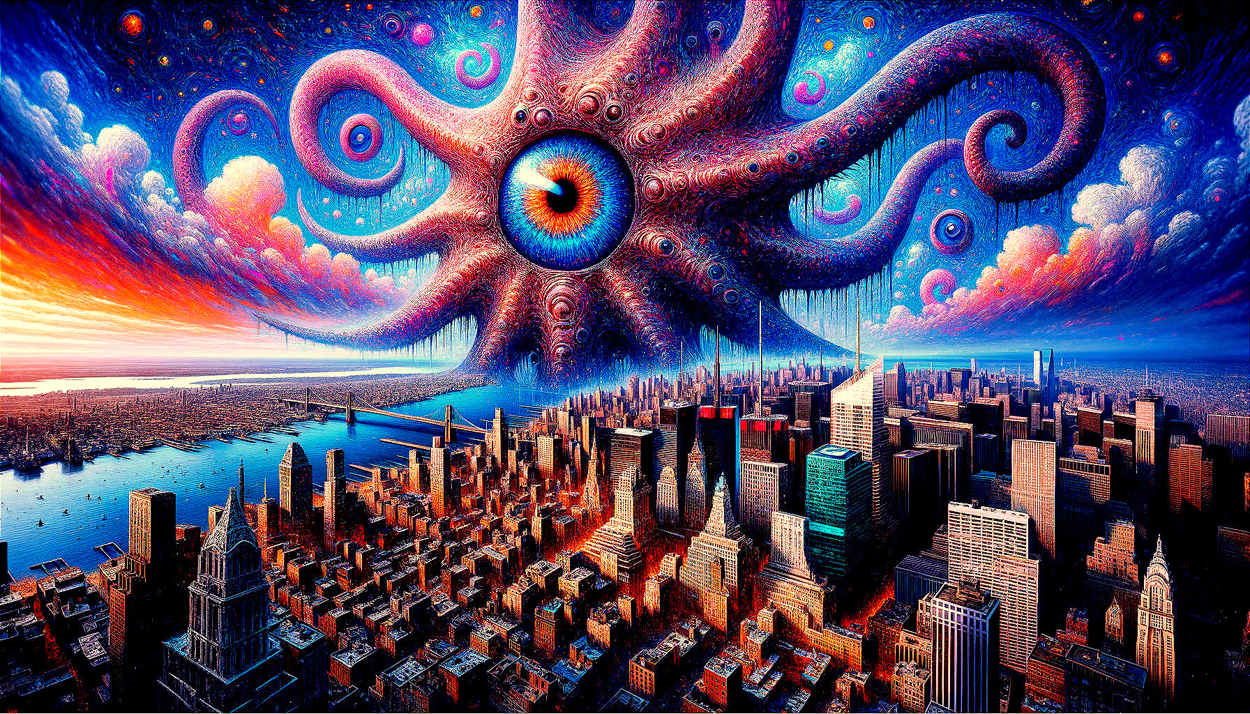 Surreal cityscape with cosmic octopus and skyscrapers