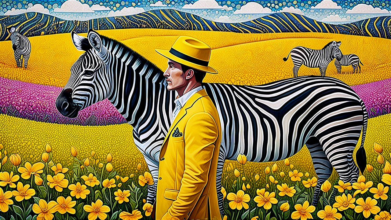 Man in Yellow Suit Next to Zebra in Colorful Landscape