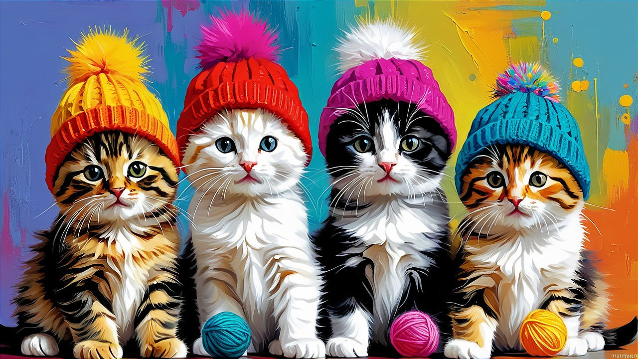 Kittens in Colorful Hats with Yarn Balls and Abstract Background