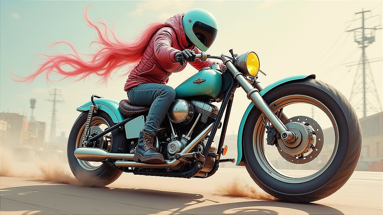 Rider with Pink Hair on Vintage Teal Motorcycle