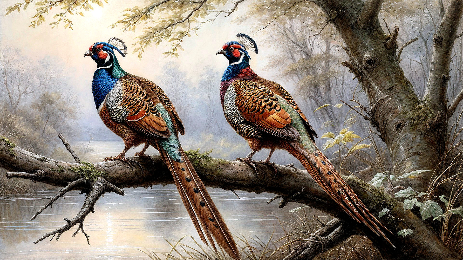 Vibrant Pheasants in a Serene River Landscape