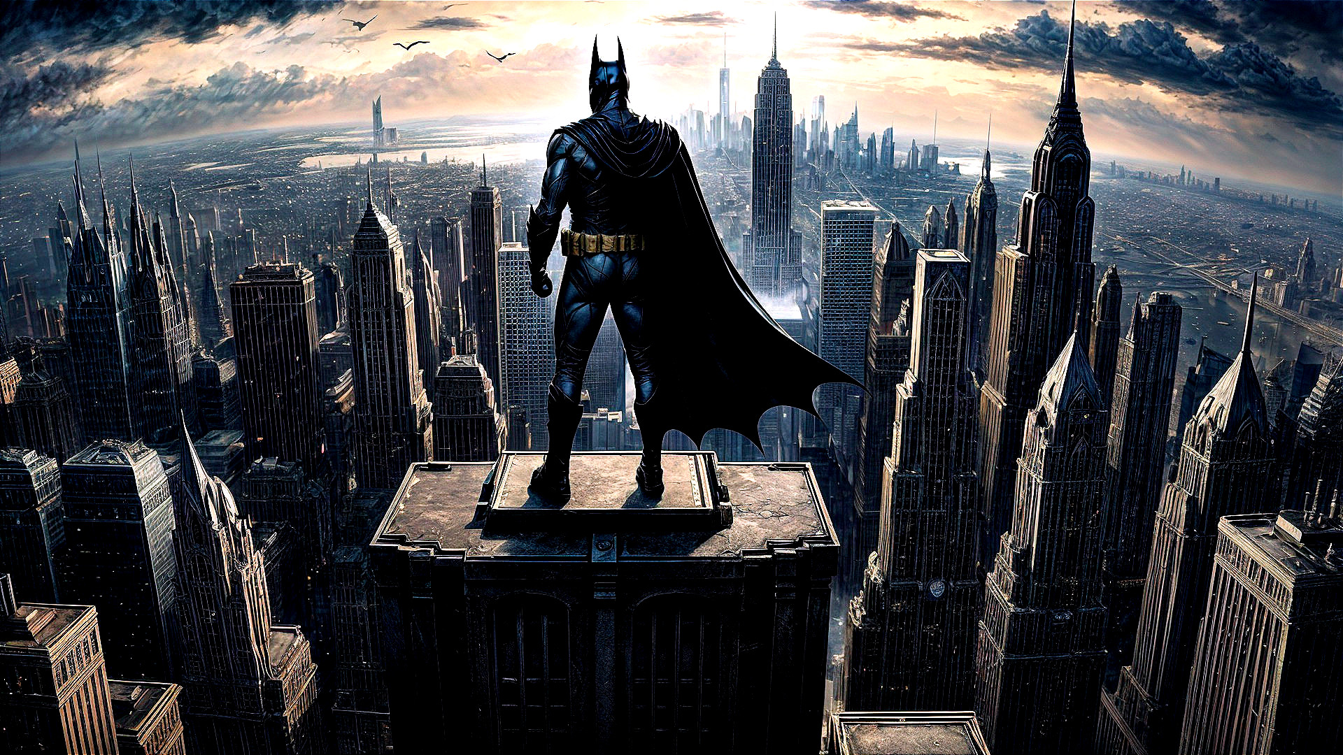 Batman Overlooking Cityscape from Skyscraper Top
