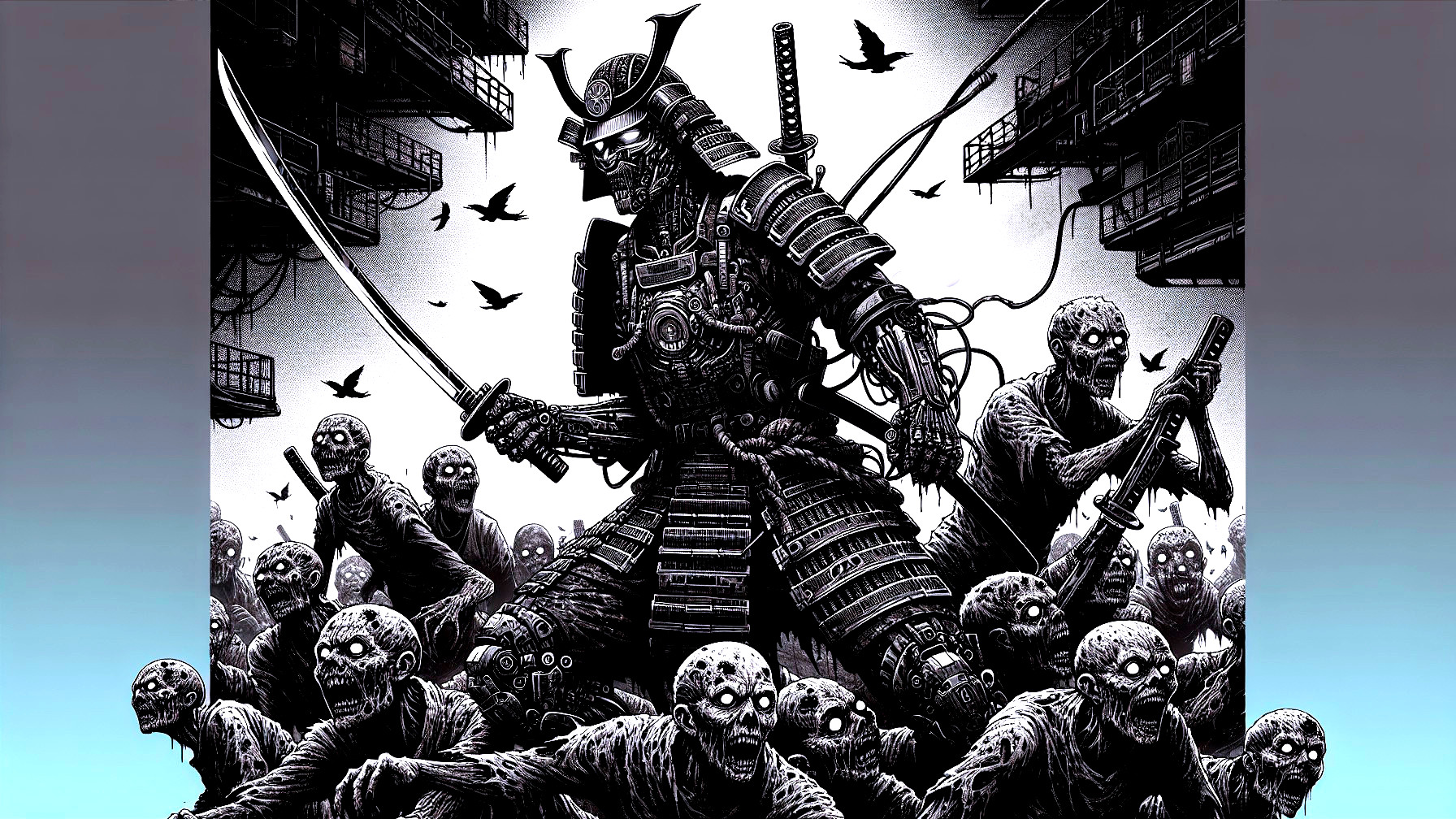 Samurai in Armor Facing Zombie Horde in Dark Setting
