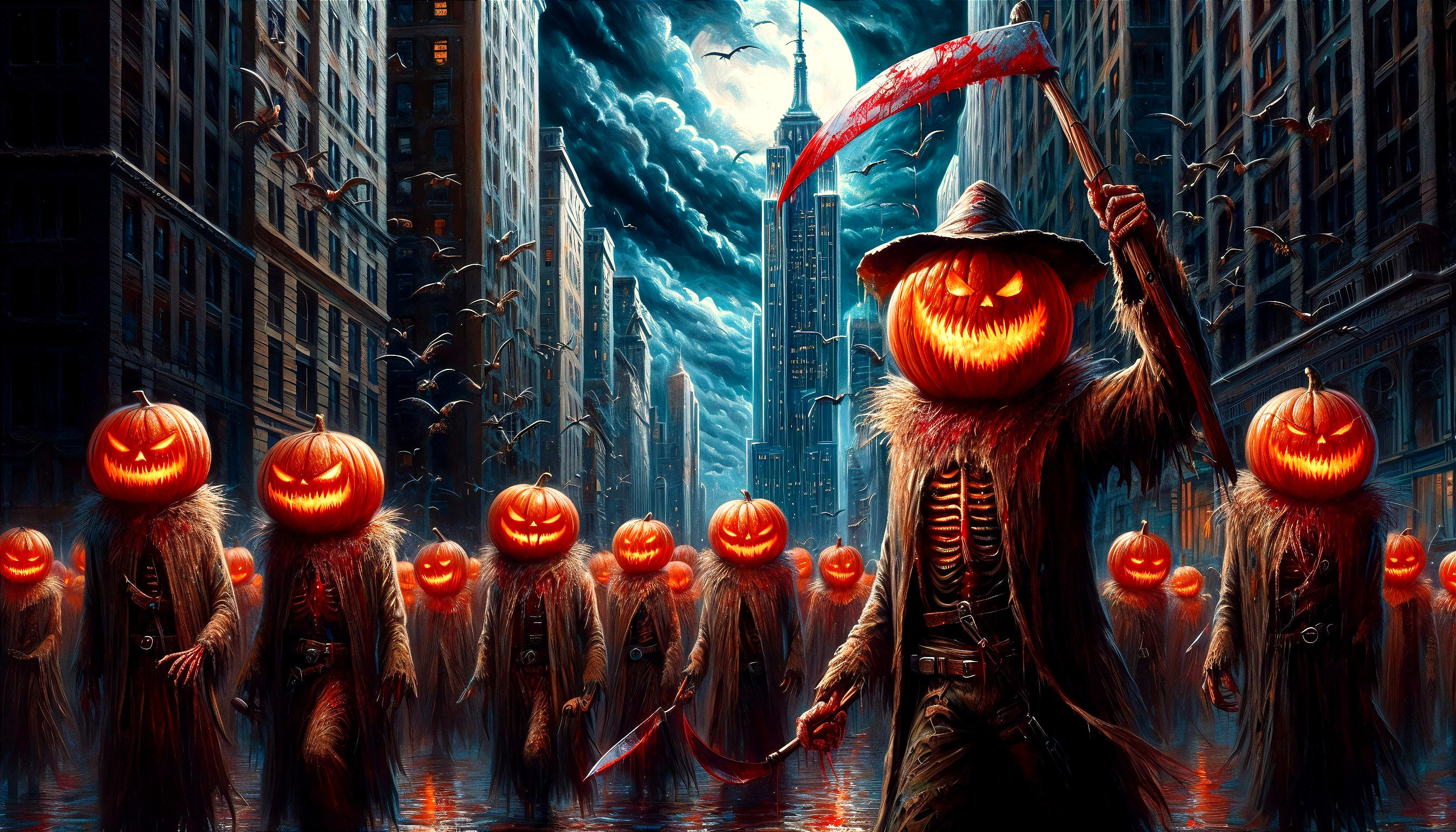 Haunting Cityscape with Glowing Pumpkin Heads