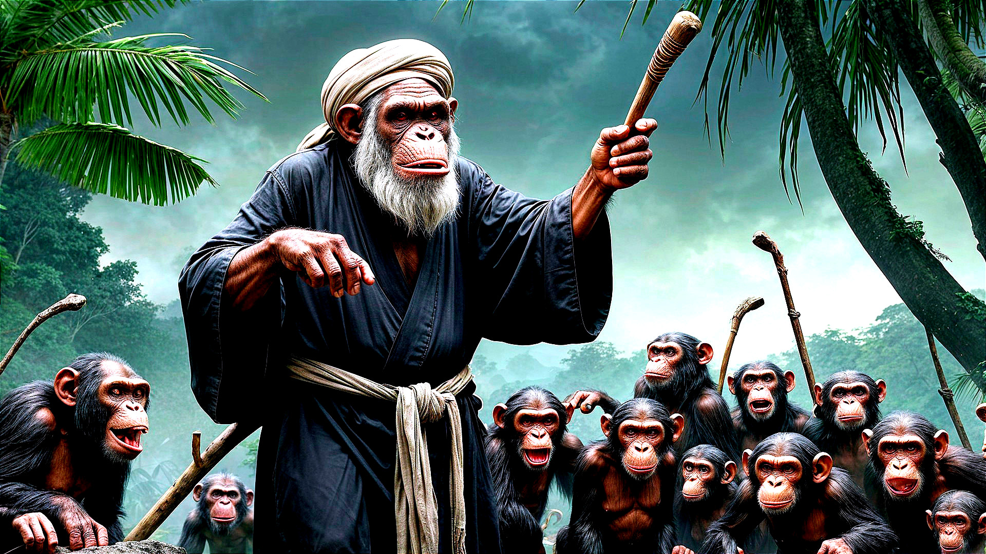 Elder Monkey Leader in Jungle with Younger Monkeys