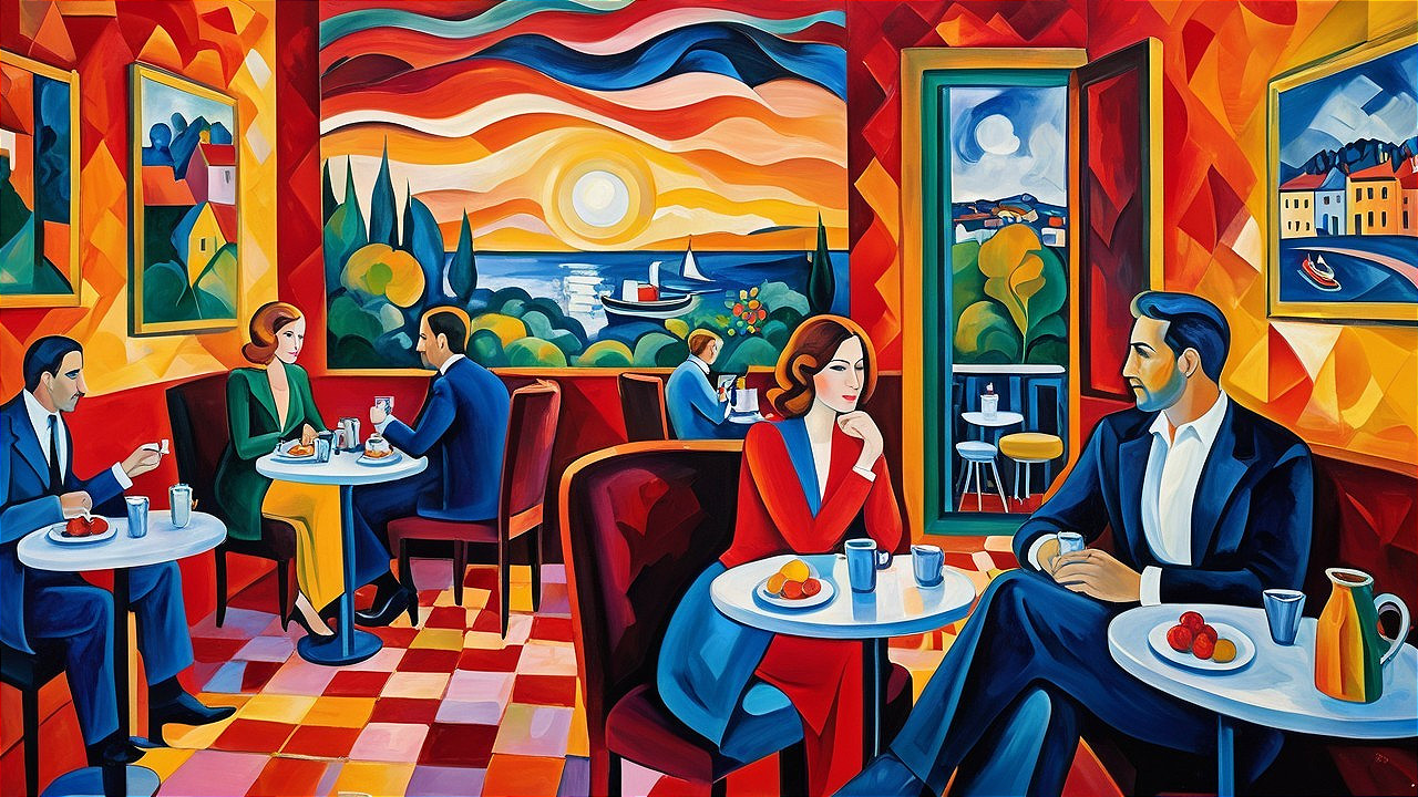 Vibrant Café Scene with Abstract Figures and Sunset