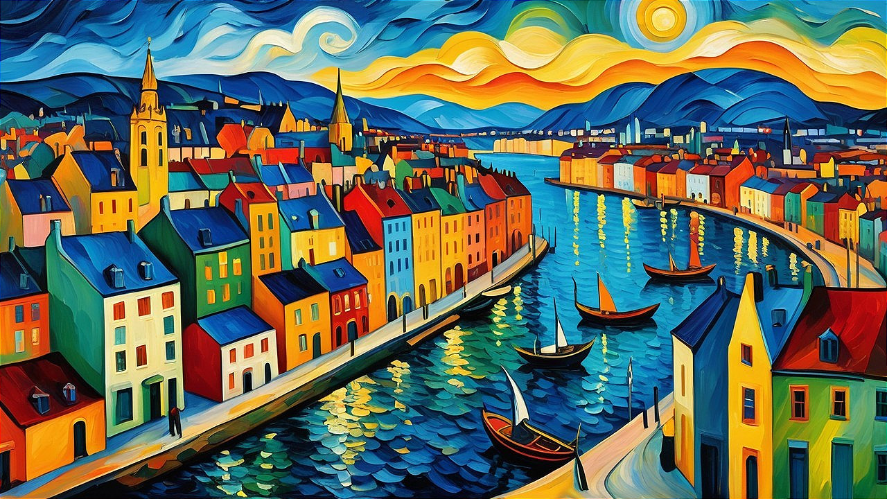 Picturesque Riverside Town at Sunset with Colorful Buildings