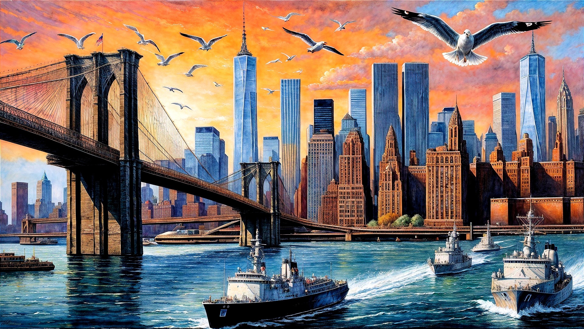 New York City Sunset with Brooklyn Bridge and Skyscrapers