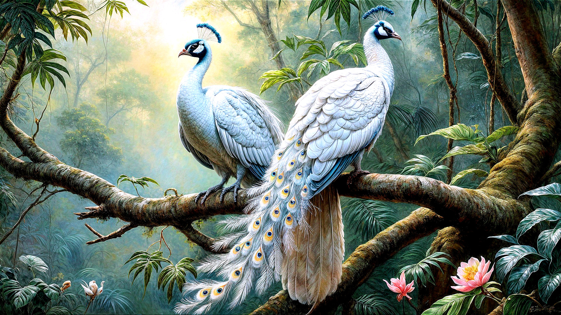 Elegant white peacocks in a tropical rainforest setting