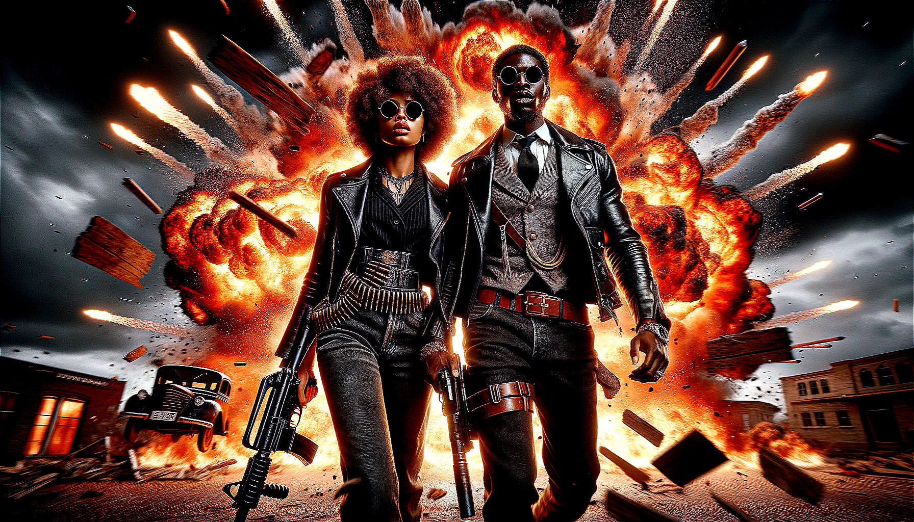 Stylish Figures Amidst Dramatic Explosion Scene