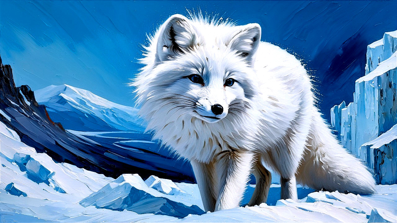 Arctic Fox in Snowy Landscape with Mountain Peaks
