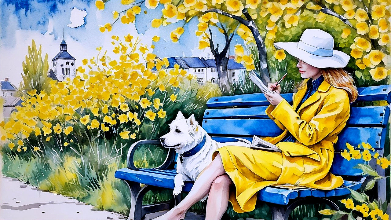 Woman in Yellow Coat Writing in Park Setting