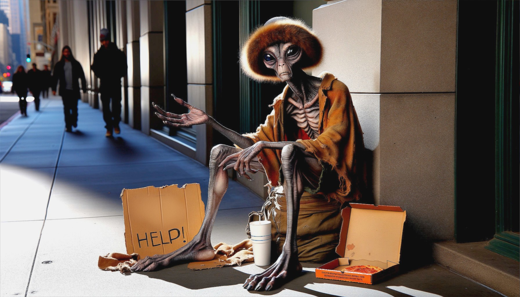 Alien Sitting on Sidewalk with Plea for Help
