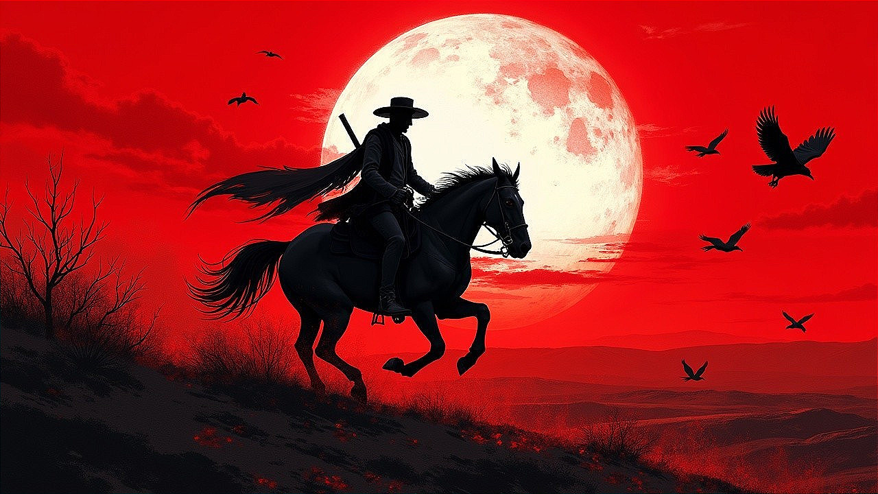 Cowboy Silhouette Against Red Sky and Full Moon