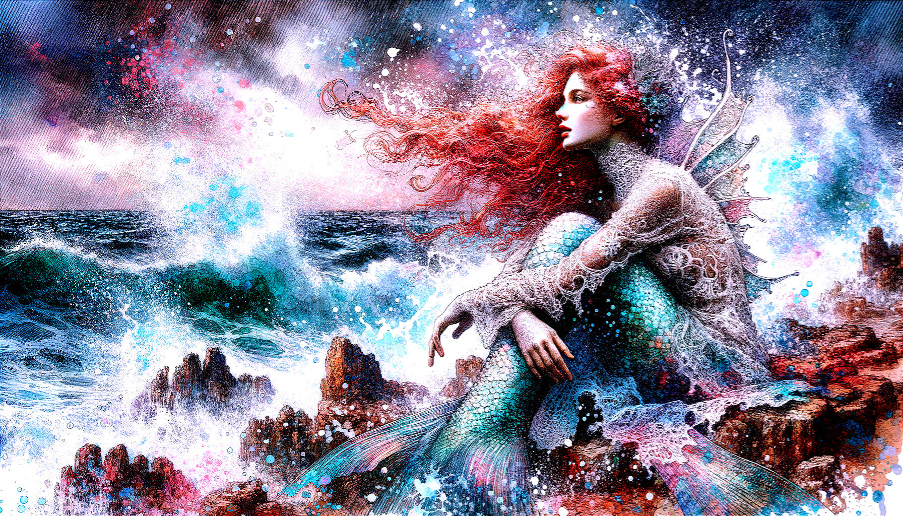 Mermaid on Rocks by Turbulent Sea with Colorful Backdrop