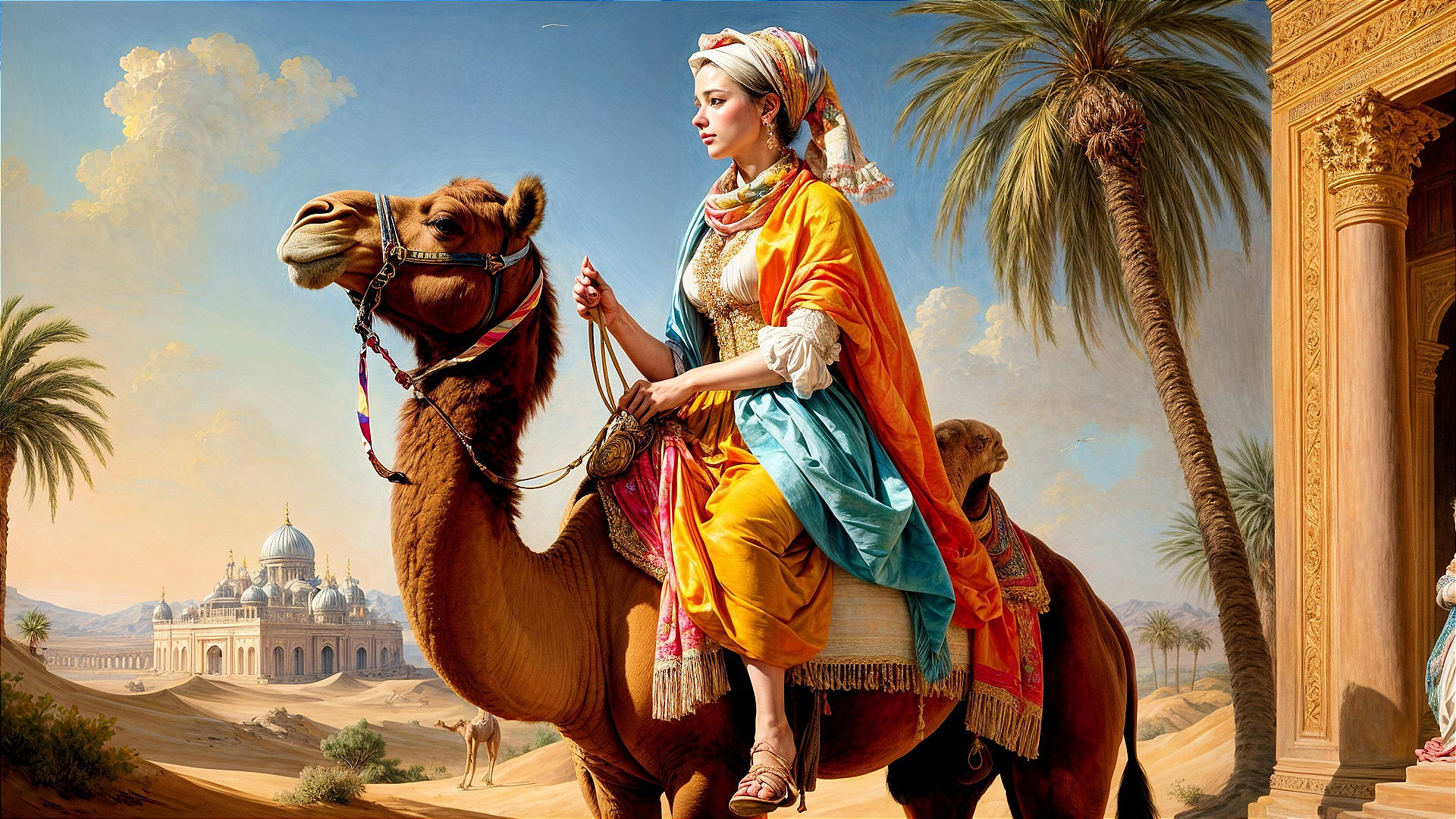 Woman on Camel in Vibrant Attire in Desert Oasis