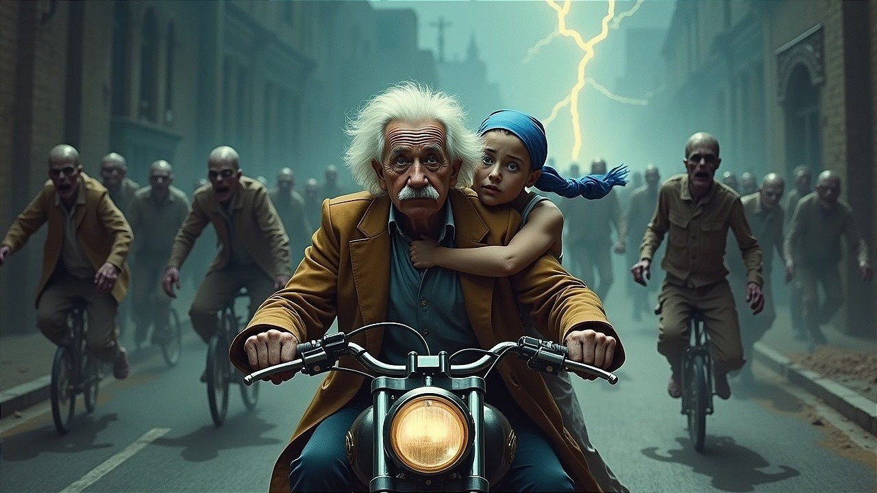 Elderly Man and Girl Escape Zombie Horde on Motorcycle