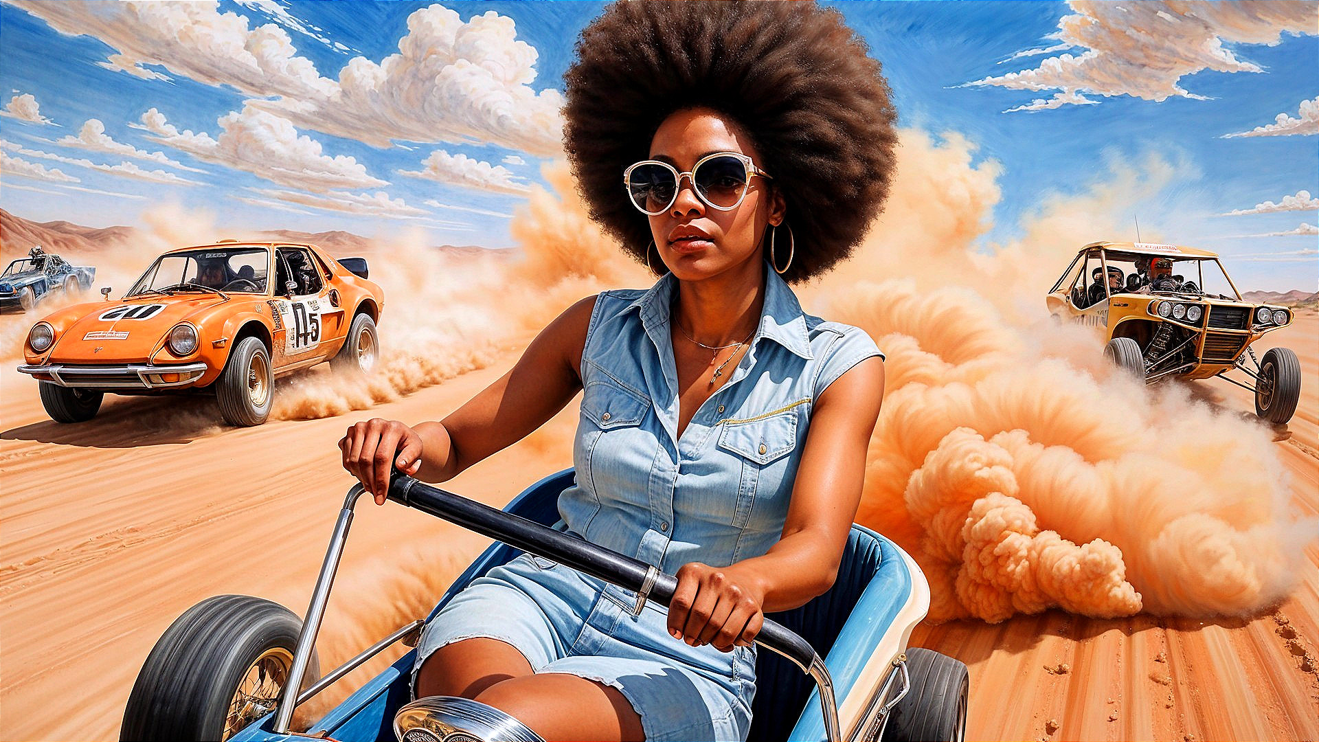 Woman in Afro Driving Colorful Go-Kart in Desert