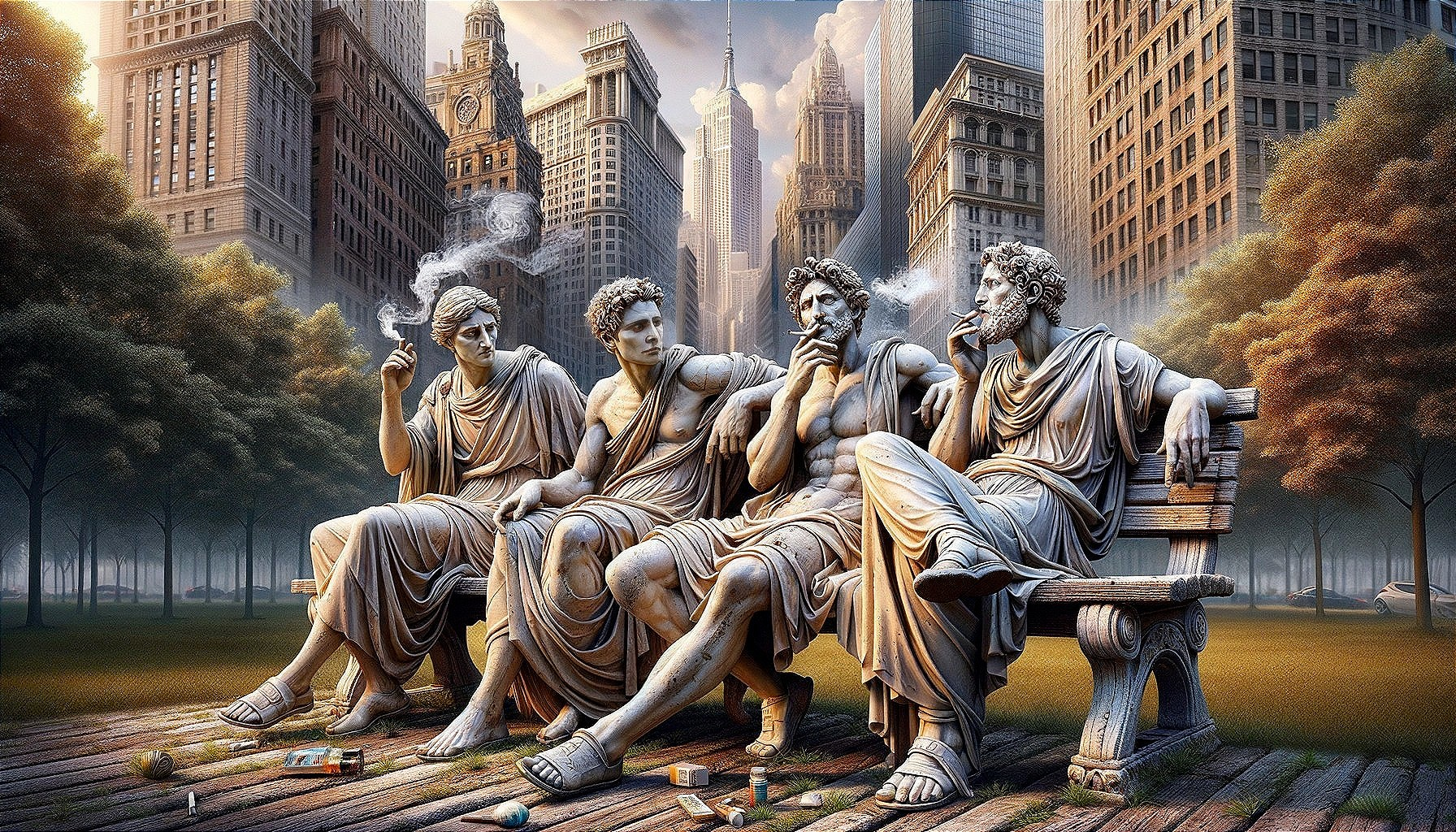Classical Statues of Philosophers in Urban Park Setting