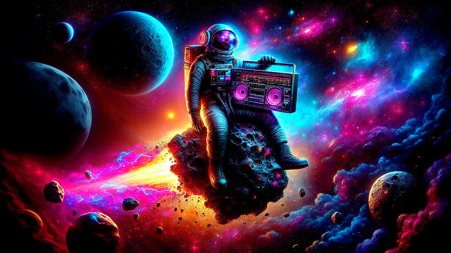 Astronaut in Cosmic Landscape with Colorful Soundwaves