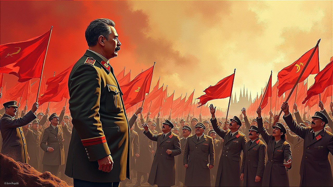 Monumental Military Scene with Soldiers and Red Flags