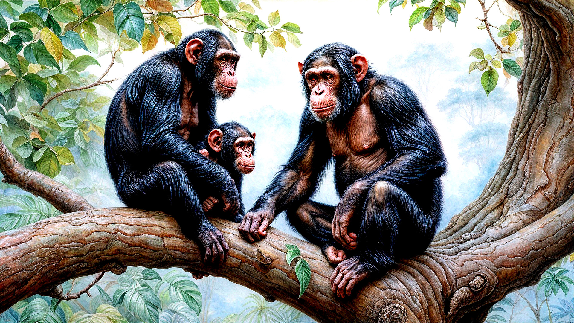 Chimpanzee Family Interacting on Tree Branch in Jungle