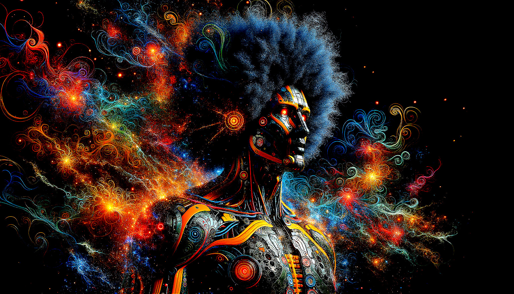 Colorful Humanoid Figure Artwork with Cosmic Nebula Background