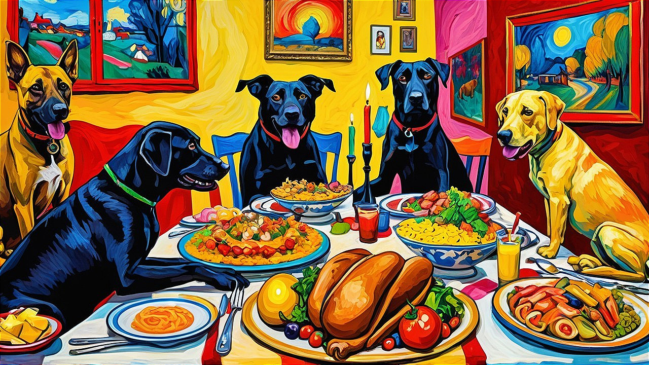 Vibrant Painting of Dogs at a Festive Dinner Table