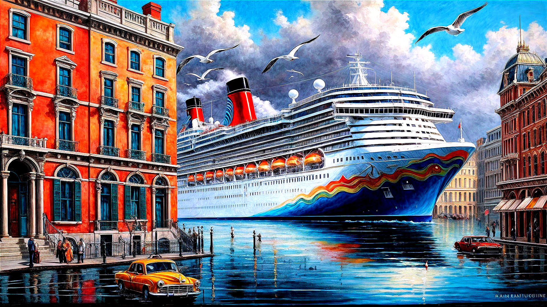 Cruise Ship Docked by Historical Waterfront Buildings