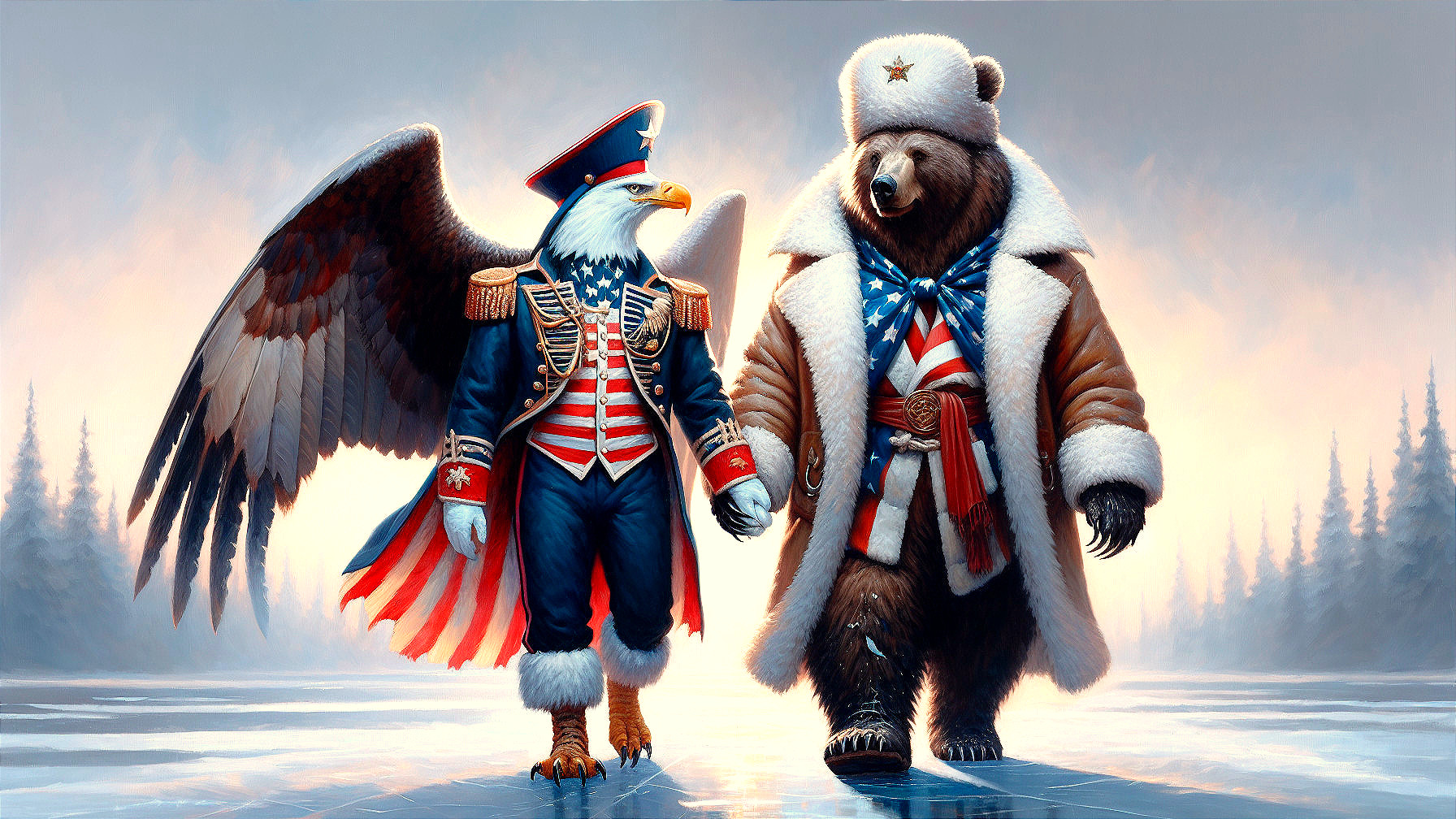 Anthropomorphized eagle and bear in patriotic attire