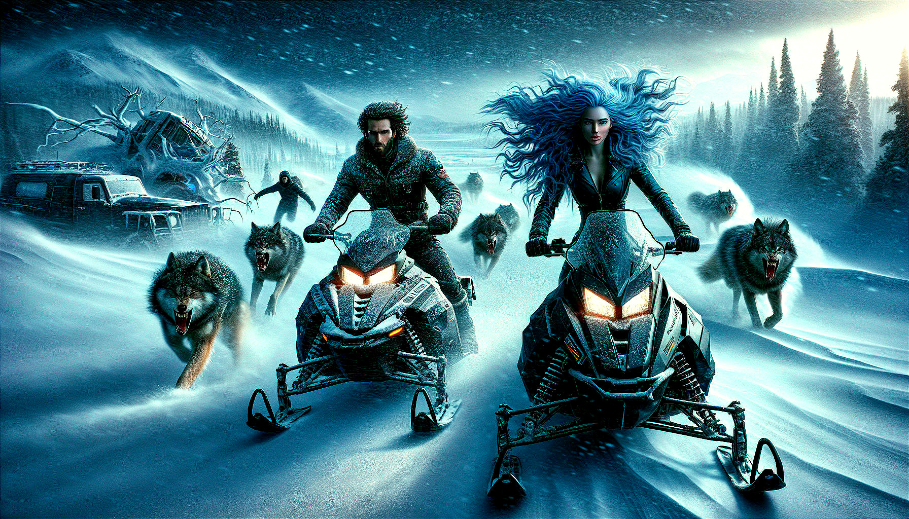 Snowmobile Race in Snowy Landscape with Wolves Pursuit