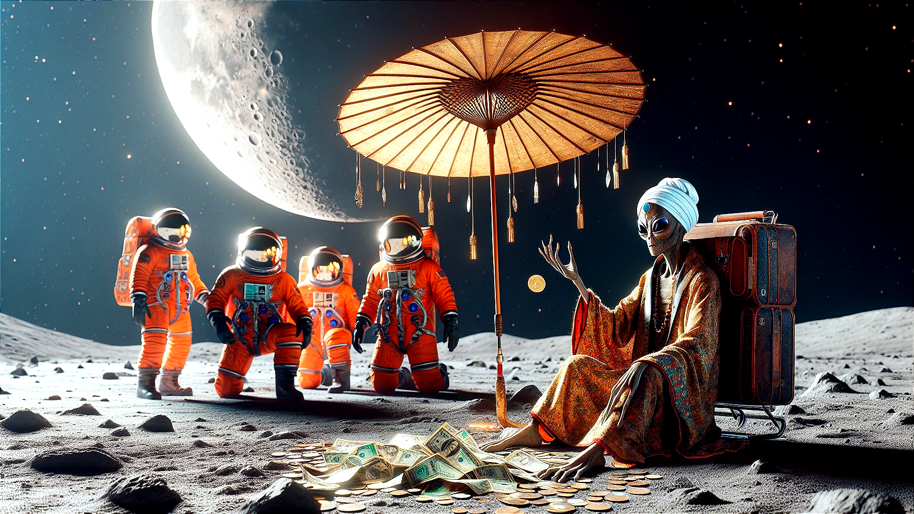Alien Figure Under Parasol Surrounded by Currency on Moon
